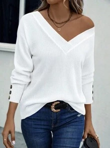 SHEIN LUNE 女士休闲纯色V领长袖T恤 - 白色 - 查看 3