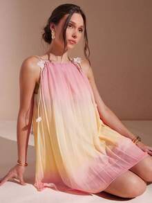 L'Amorae 女士优雅渐变色褶饰吊带背心迷你连衣裙，夏季 - 彩色 - 查看 1