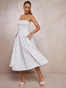 L'Amorae 女士贝壳刺绣褶饰中长修身喇叭连衣裙 - 白色 - 查看 1