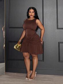 Veslaya Nuevo vestido elegante de primavera/verano para fiesta, cita elegante, noche y mini vestido, ajustado de color marrón sólido sin mangas con pliegues en la cintura, volantes en el bajo, tela elástica de punto, tallas grandes para mujer - Marrón - Ver 5