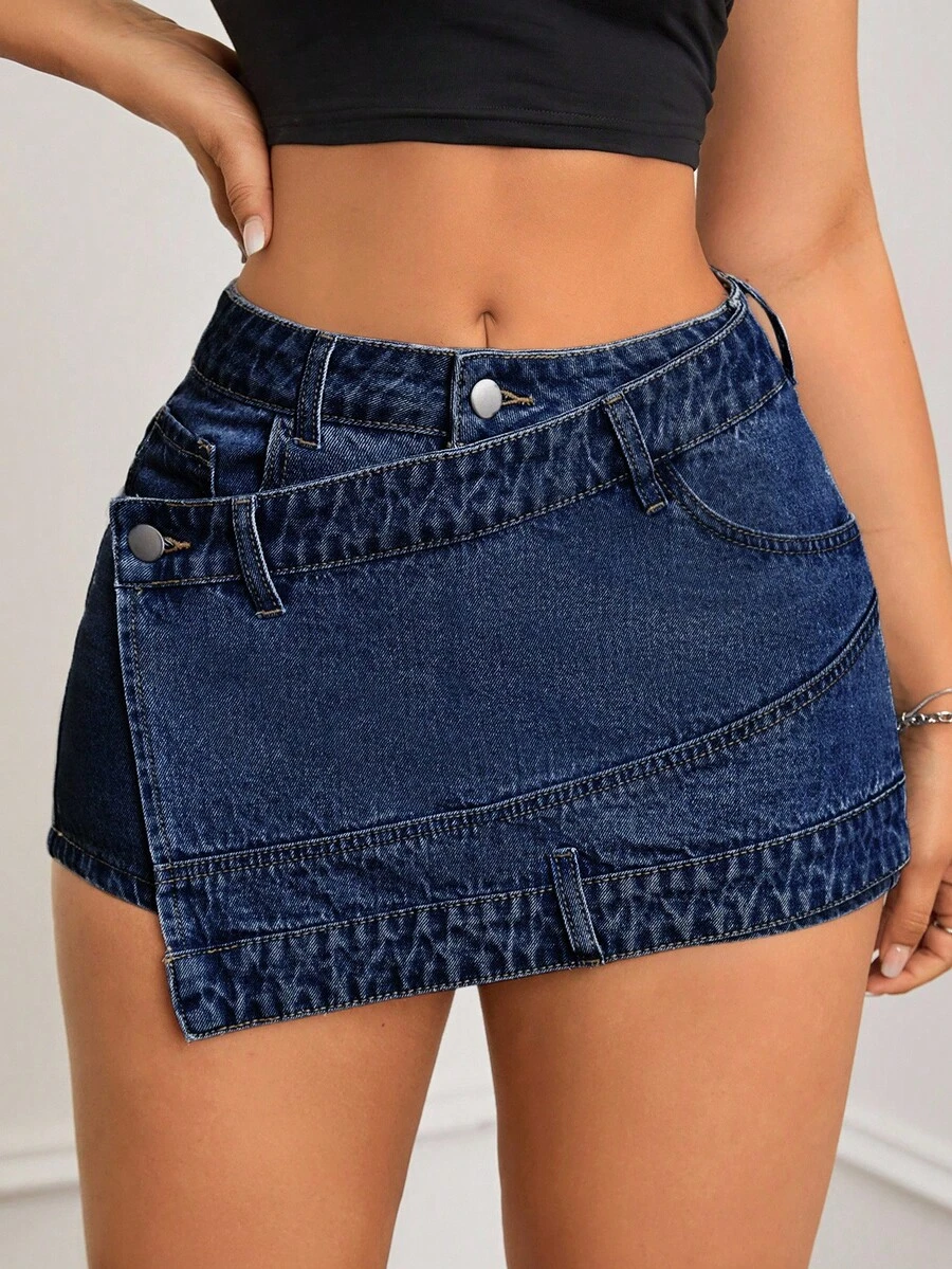 SHEIN ICON 女式蓝色时尚裹身休闲百搭牛仔短裙 - 深色水洗藍 - 查看 1