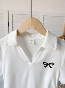 SHEIN Leap Crew Tricou polo cu mânecă scurtă, croit, culoare solidă, casual, cu fluture, pentru fete preadolescente - alb - Vizualizare 4
