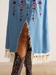 Bohemela 波西米亚风西部牛仔复古度假波西米亚刺绣休闲梭织女式牛仔连衣裙