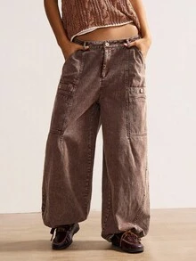 Bohemela Pantalones rectos sueltos de unicolor casual para mujer - Marrón - Ver 4