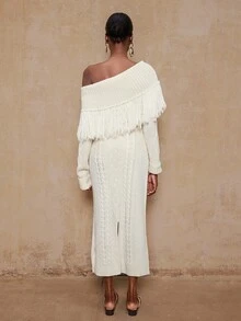SHEIN Privé VITNOS 秋冬女士不对称肩部长袖流苏边饰毛衣和针织中长裙套装，优雅两件套波西米亚风，适合特殊场合、婚礼宾客、可爱穿搭、国庆假期派对、教师装、商务休闲、优雅派对、新年装、秋冬女士服装、奢华针织套装。 - 米色 - 查看 4