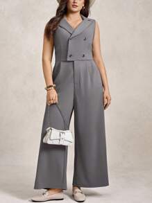 Zelara Plus Size Grey Solid Sleeveless Jumpsuit For Summer,Casual Bussines Semi Formal Work Clothes,Women Lapel Button Stretchy Homecoming Professional Sets - Grey - View 3