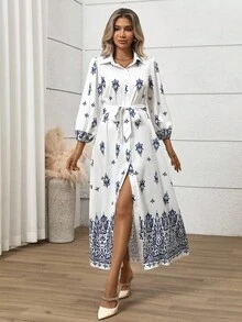 Gloray Women's Elegant Faux Linen Bamboo Knot Waist Dress - Blue and White - View 6