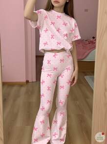 2 件套青少年女童休闲可爱甜美粉色波尔卡圆点和迷你蝴蝶结图案奶油粉色短袖上衣和裤子套装，适合夏季返校、节日服装、卡哇伊风格、女童服装套装、青少年女童服装、儿童服装、返校、返校节、校服、休闲、史迪奇 - 彩色 - 查看 1