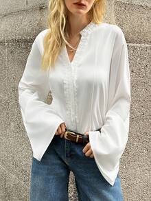 Elyressa Blusa casual da donna con scollo a V, balze floreali e maniche a campana con spacco - Bianco - Visualizzare 6