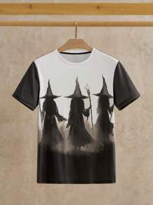 Manfinity NXTstreet Men's Casual Knit Halloween Witch With Hat Pattern Print Slim Fit Crew Neck Short Sleeve T-Shirt, 2000s Style - Multicolor - View 8