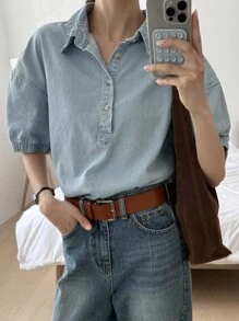 DAZY 新款宽松休闲破洞牛仔女衬衫，秋季女式夹克，秋季女装 - 藍色 - 查看 6