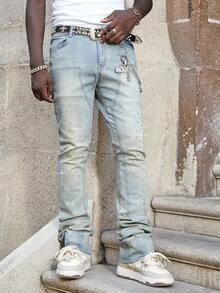 ROMWE MEN Street Life Men's Sparkling Diamond Layered Flare Jeans - Blue - View 5