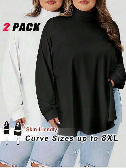 SHEIN CURVE+ 2pcs Plus Size High Neck Loose Fit Long Sleeve Black & White T-Shirt Set, Suitable For Autumn/Winter,Fall Clothes For Women/Autumn /Winter