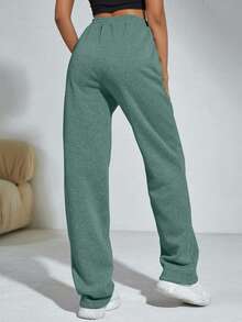 Flirla Quần nỉ ống đứng dáng rộng màu trơn có dây rút túi eo dành cho nữ - Màu xanh Bạc hà - Xem 2