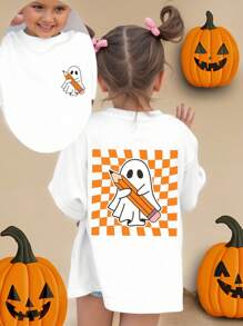 年轻女孩休闲时尚舒适可爱卡通百搭鬼与铅笔格纹印花短袖圆领T恤，夏季 - 白色 - 查看 5