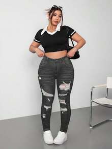 SHEIN Cottnline Plus Size Medium Wash Blue High Stretch Skinny Distressed Sexy Jeans - Grey - View 3