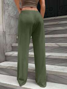 EURMUSE ELASTICAL WAIST DRAWSTRING STRAIGHT LEG PANT - Army Green - View 2