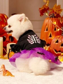 1 件猫狗通用卡通骷髅印花蝙蝠装饰万圣节紫色网眼拼布盖袖可爱宠物连衣裙，适合万圣节派对，PETSIN 原创设计 - 彩色 - 查看 2