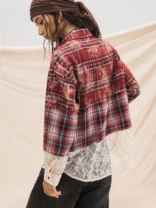 Easelle Damen Karohemd mit Kontrast-Spitze, Langarm, Knopfleiste, Lässig - Mokka-Braun - Übersicht 2