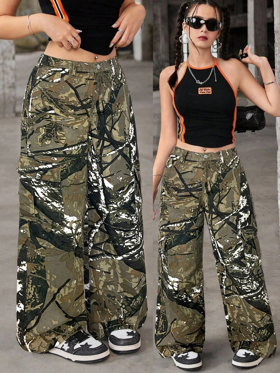 SHEIN Teen Girl Casual Camouflage Pattern Denim Jeans Fall Winter - Multicolor - View 1