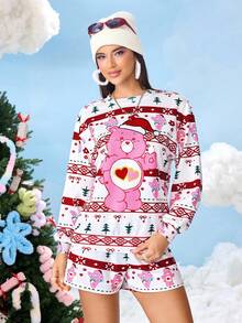 SHEIN X Care Bears 2pcs Women Christmas Cartoon Cute Bear Print Long Sleeve Top And Shorts Set Autumn Winter - Red - View 3