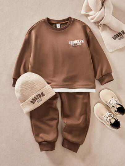 SHEIN Explorewe Casuvi Kid Toddler Boys 2 Pieces Set, 2 In 1 Design Knit Hoodie And Pants, English Letter Print, Minimalist Style, Casual Daily Wear, Retro College Vibe, Suitable For Spring/Autumn Vacation, Leisure, Sports Fall Winter