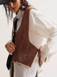 Bohemela 波西米亚风复古编织侧系带女式针织上衣 - 棕色 - 查看 1