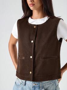 LYSMO 秋冬女士纯色圆领单排扣休闲轻便背心夹克 - 棕色 - 查看 6