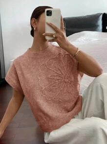 Siren Gaze Women's Floral Pattern Round Neck Short Sleeve Casual Knit Top,Knitted Sweater - Dusty Pink - View 6