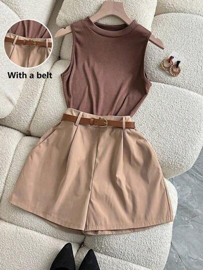 SHEIN PETITE Bộ trang phục công sở thường ngày dành cho nữ 2 món: Áo không tay cổ bẻ màu nâu cà phê có túi và thắt lưng trang trí, quần short ống rộng sọc dọc màu nâu, mùa hè