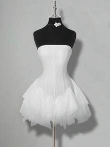 SHEIN ICON Women's Spring And Summer Elegant Sweet Sexy Ballet Style Dance Party Dress With Multi-Layer Asymmetrical Ruffle Stitching White Tube Top With Panties Mini Dress - White - View 5