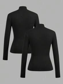 SHEIN EZwear 2 件女式高领紧身长袖打底 T 恤套装，适合秋冬季 - 黑色 - 查看 2