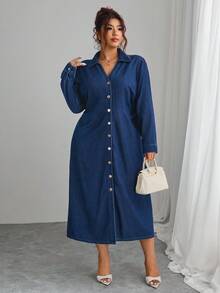 Elenzga Plus Size Women Long Sleeve Single-Breasted Casual Denim Dress