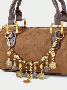SHECARRY 1pc Vintage Coin Tassel Metal Bag Chain, Bohemian Style Accessory For Vacation, Party