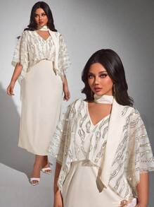 Viva Relle 加大码优雅迷人派对/招待会/婚礼宾客长款亮片披肩 V 领收腰直筒连衣裙，侧开衩 - 杏色 - 查看 1