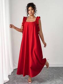 SHEIN PETITE Váy maxi cổ vuông không tay viền bèo màu trơn thanh lịch dành cho nữ cỡ lớn mùa Giáng sinh, mùa hè - Đỏ - Xem 5
