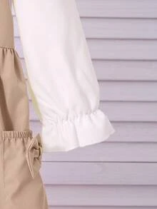 SHEIN 女童彼得潘領蝴蝶結口袋甜美白色長袖背心裙 秋季女童服裝 親子套裝 返校季校園穿搭 - 卡其色 - 查看 5