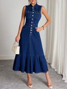 SHEIN Elenzya 女式合身褶皱鱼尾牛仔连衣裙 - 深色水洗藍 - 查看 7