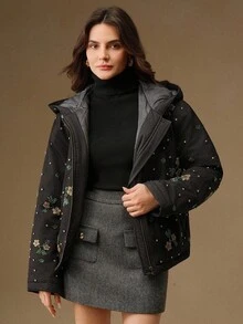 Anewsta Women's Elegant Black & Gray Denim Floral Embroidered & Rhinestone Decorated Hooded Winter Coat, Suitable For Autumn, Fall, Winter, Going Out, Formal, Party, Chic, New Year, Graduation