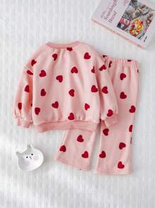 Cozy Pixies 2 件套女婴心形图案针织柔软圆领长袖运动衫和松紧腰喇叭裤套装 - 彩色 - 查看 2