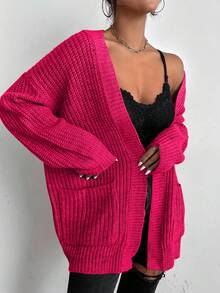EURMUSE Cardigan casual in maglia a maniche lunghe con spalle scoperte e due tasche, di colore unito, da donna - Fucsia - Visualizzare 3