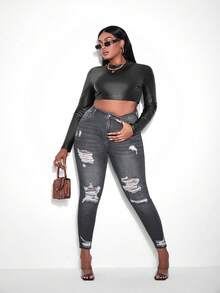 SHEIN Cottnline Plus Size Women High Waist Pockets Distressed Skinny Casual Versatile Jeans - Grey - View 4