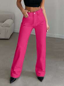 EURMUSE Women's Casual Straight Leg Solid Color Jeans, Suitable For Everyday Wear - Berwarna merah muda - View 3