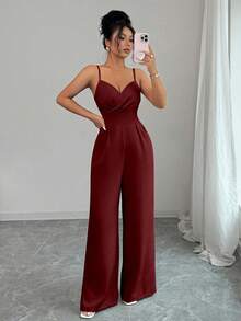 Rafferiza Women's Elegant Solid Color Cinched Waist Wide Leg Jumpsuit