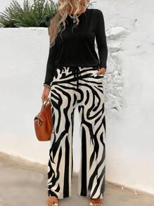 SHEIN LUNE Women's Colorblock Zebra Print Round Neck Long Sleeve 2 Pieces Set, Suitable For Autumn/Winter