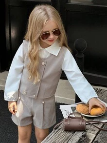 SHEIN Elladie kids 3件套女童长袖翻领休闲衬衫、精致珍珠纽扣背心外套、短裤套装，现代风格儿童服装，春秋冬装 - 卡其色 - 查看 1