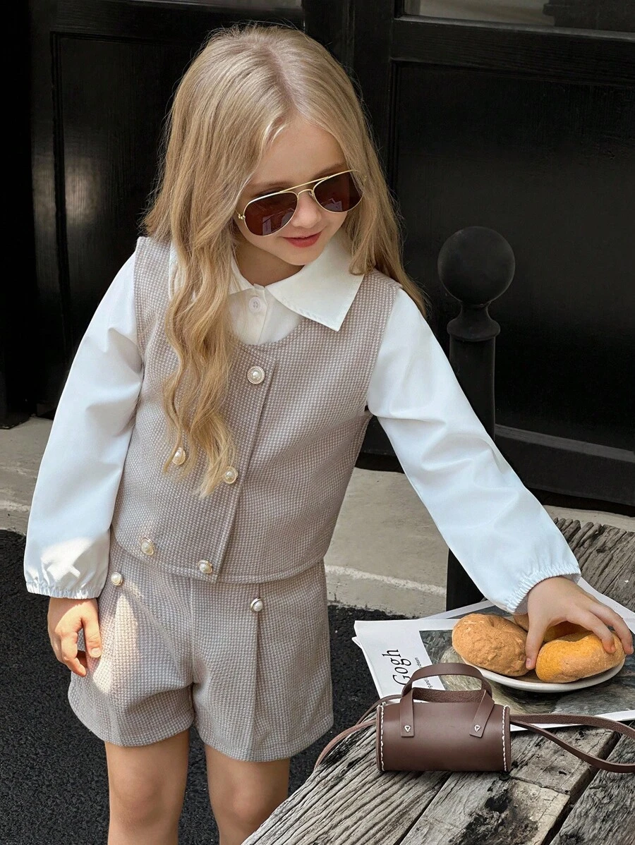 SHEIN Elladie kids 3件套女童长袖翻领休闲衬衫、精致珍珠纽扣背心外套、短裤套装，现代风格儿童服装，春秋冬装 - 卡其色 - 查看 1