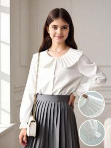 SHEIN 女孩休闲优雅都市通勤学校宽松一字肩无袖背心运动衫和蓝色长袖衬衫裙两件套，适合秋季、冬季、学校、毕业、日常穿着， - 白色 - 查看 1