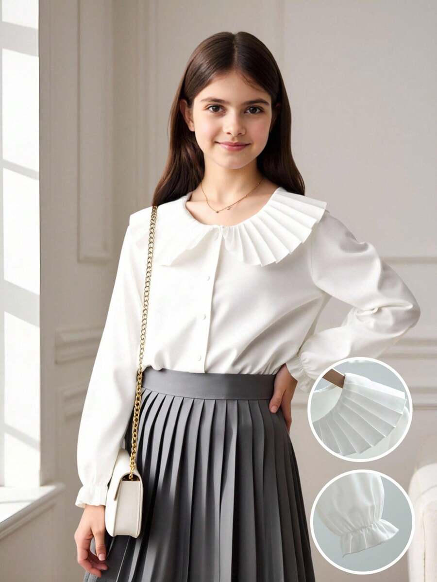 SHEIN 女孩休闲优雅都市通勤学校宽松一字肩无袖背心运动衫和蓝色长袖衬衫裙两件套，适合秋季、冬季、学校、毕业、日常穿着， - 白色 - 查看 1