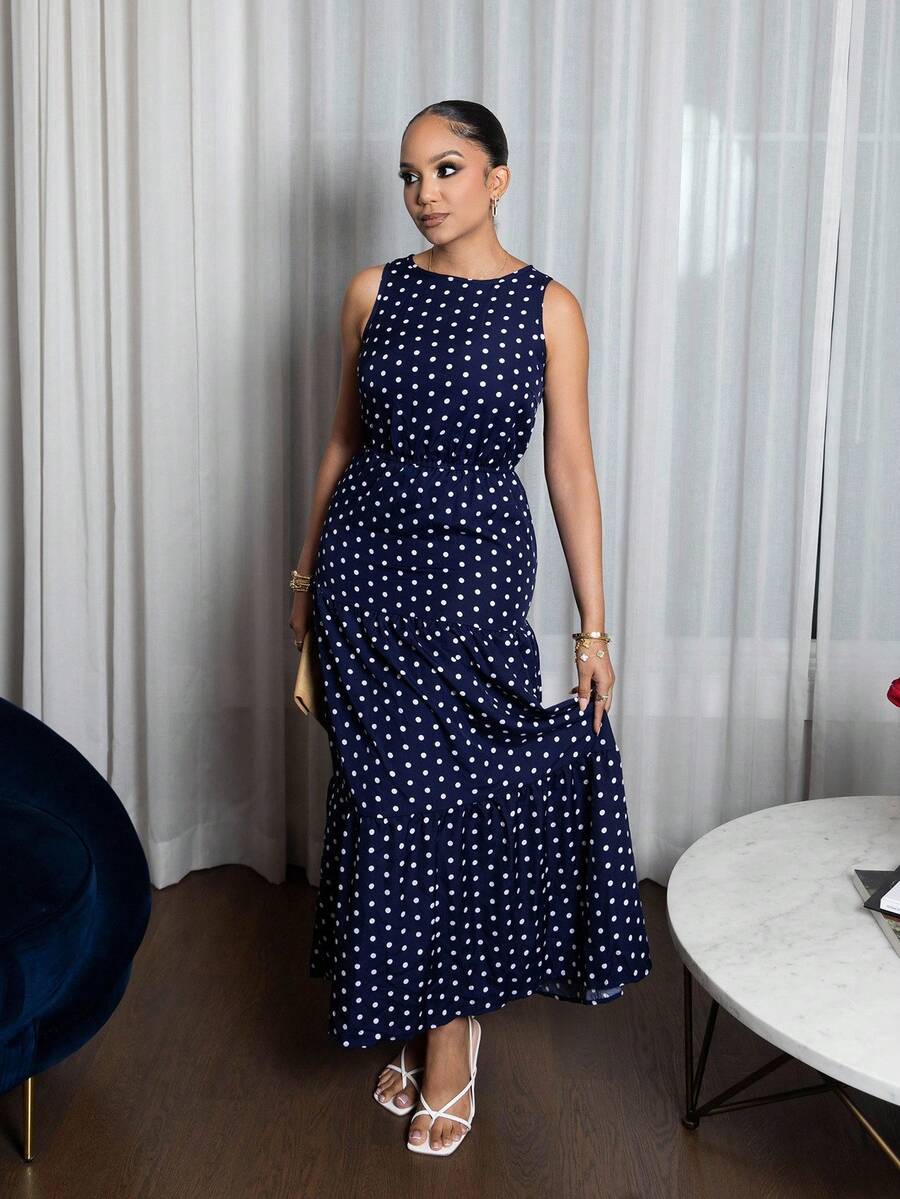 Melissa Matos Polka Dot Sleeveless Ruffle Hem A-Line Dress Maxi Women Outfit - Navy Blue - View 1